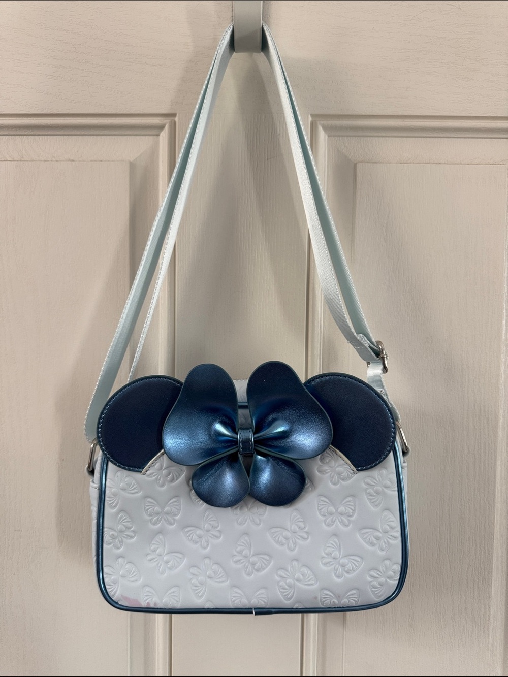 Loungefly White Crossbody Bag with Metallic Blue Bow & Ears